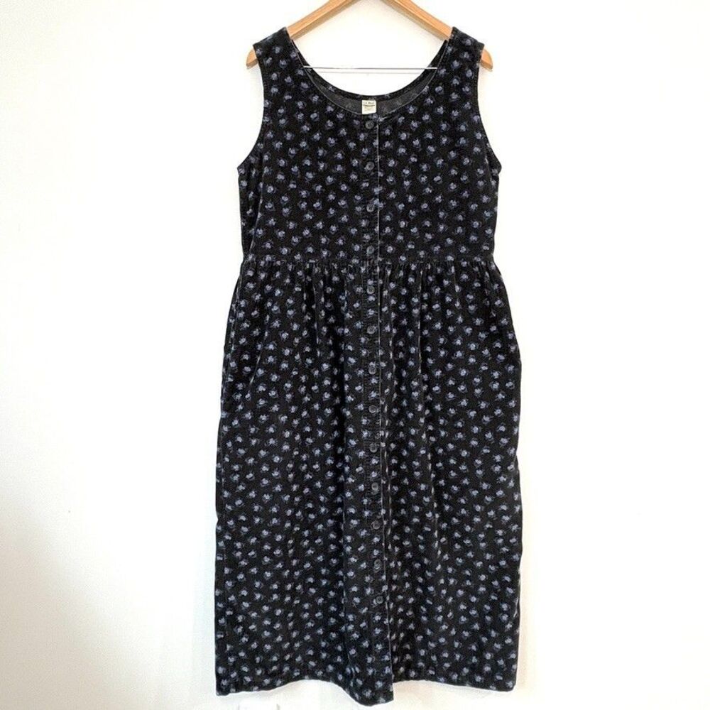 Vintage LL Bean Corduroy Dress Sz 12 Black Floral Button Front Midi Cottagecore - Picture 2 of 10